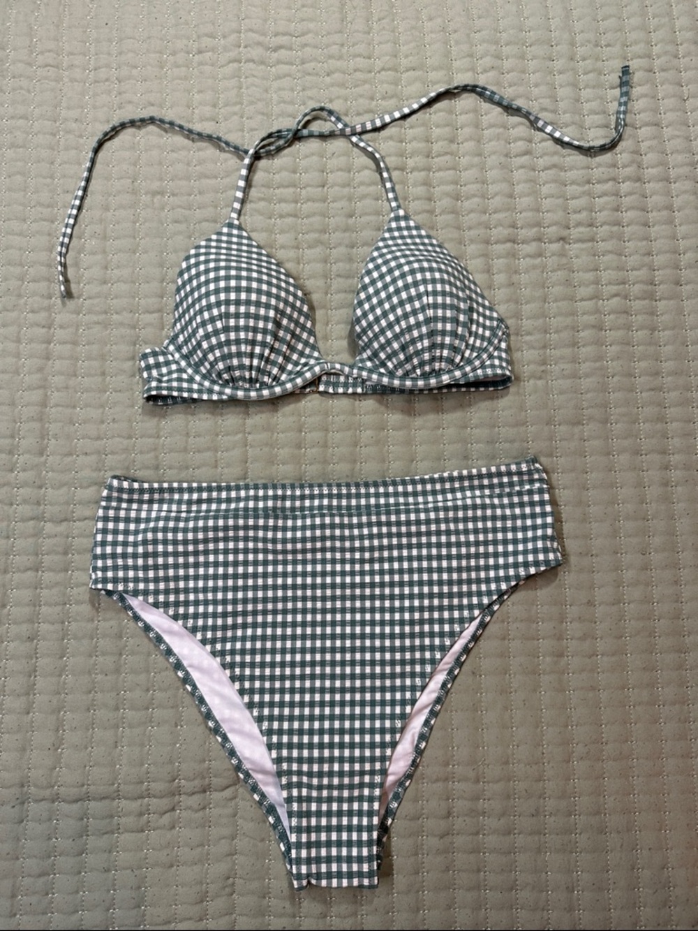 Shade & Shore Green and White Gingham High-Waist Bikini